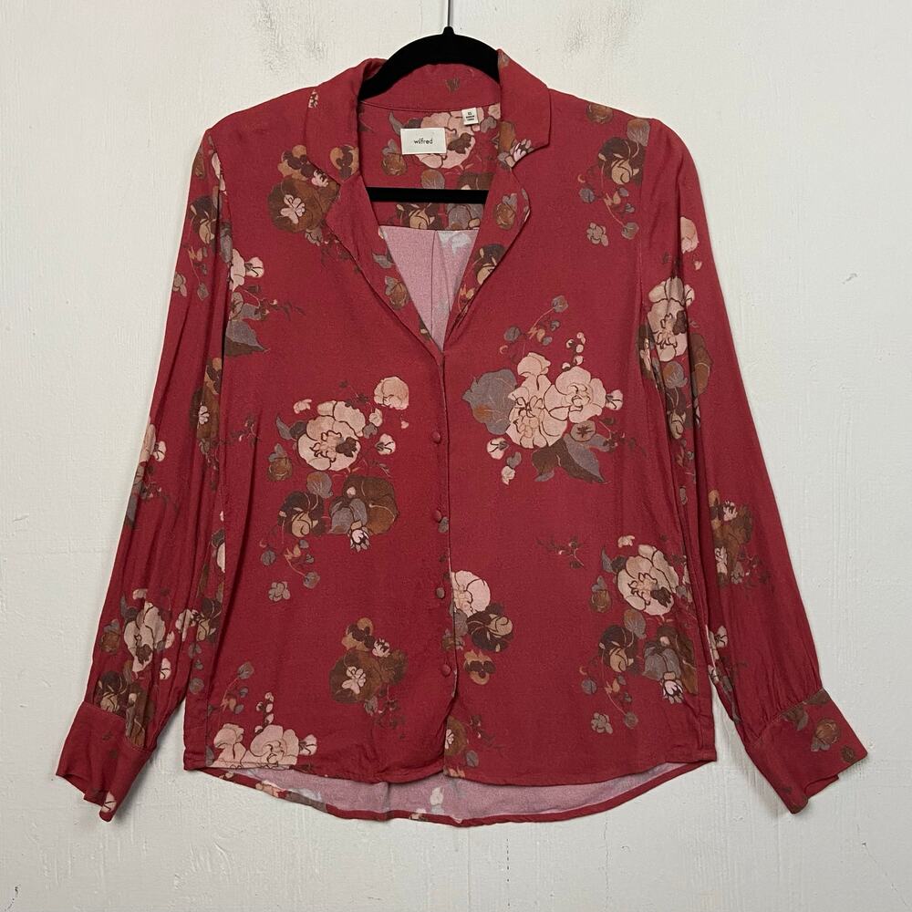 Wilfred Tulum Rosy Red Floral Button Up Notched Collar Blouse Top Size XS